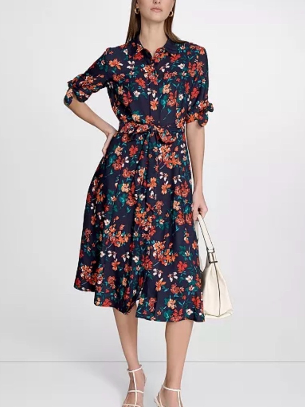 New Calvin Klein Navy Floral Shirt Midi Dress